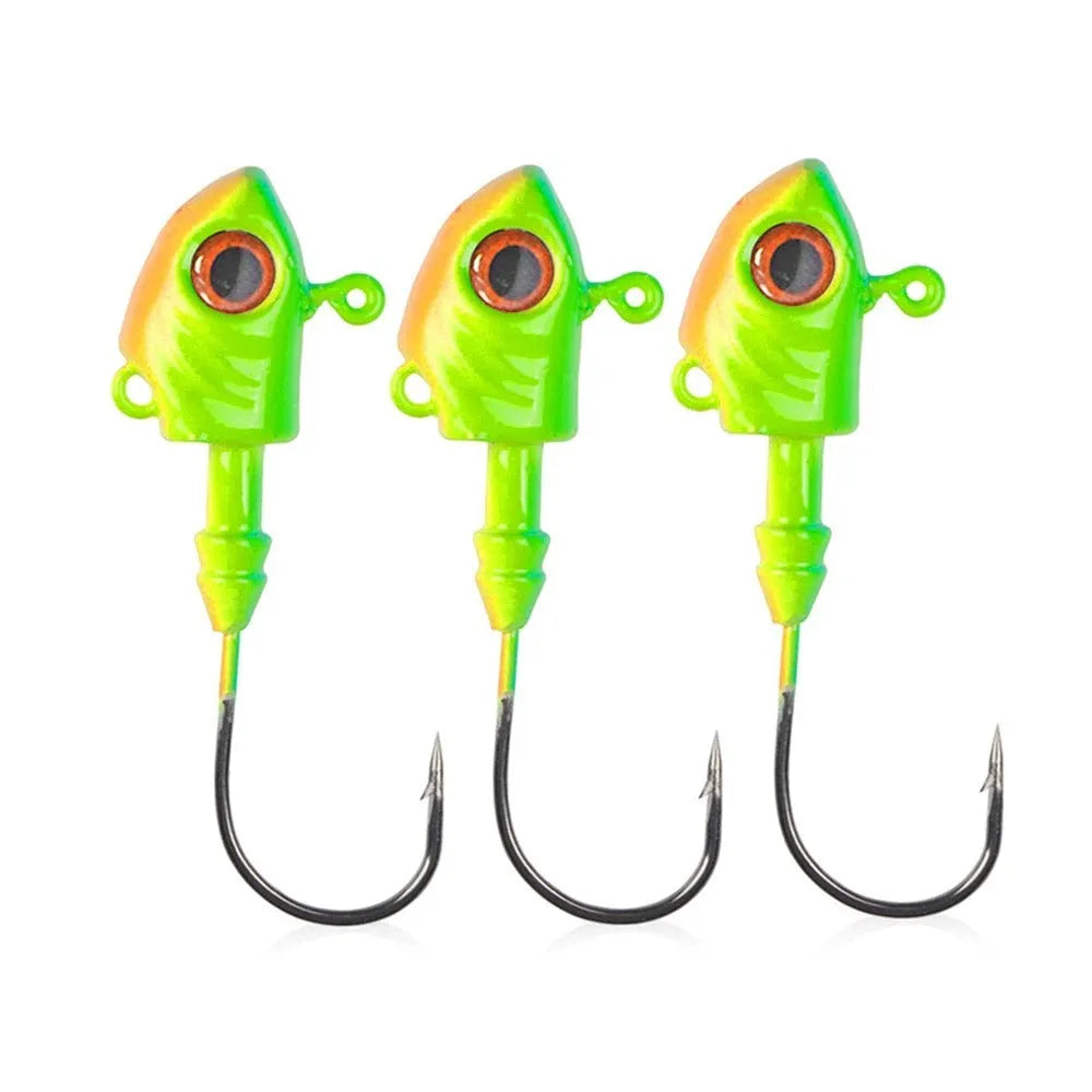 Yayu shaped lead head fishing jig hooks in blue, silver, and yellow, showing the fish-shaped design.