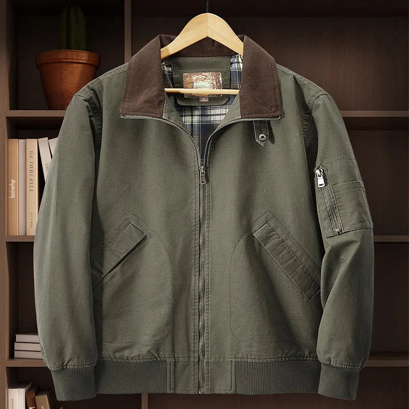 Men's plus size washed cotton baseball flight jacket in Army Green colour, showing front design.