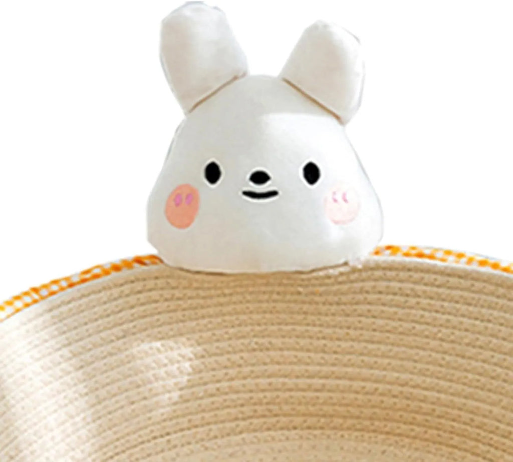 Cotton rope woven cat bed and scratching board in rabbit design showing basket shape with integrated scratching surface