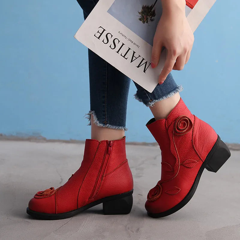 Handmade genuine leather Martin boots with chunky 3-5cm square heel, round toe and ethnic floral embossed upper, red or black.