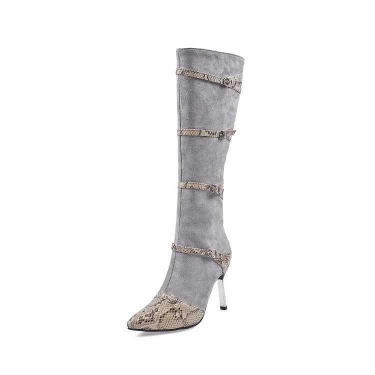 Women's black knee high boots with thin high heels and velvet lining