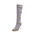 Women's black knee high boots with thin high heels and velvet lining