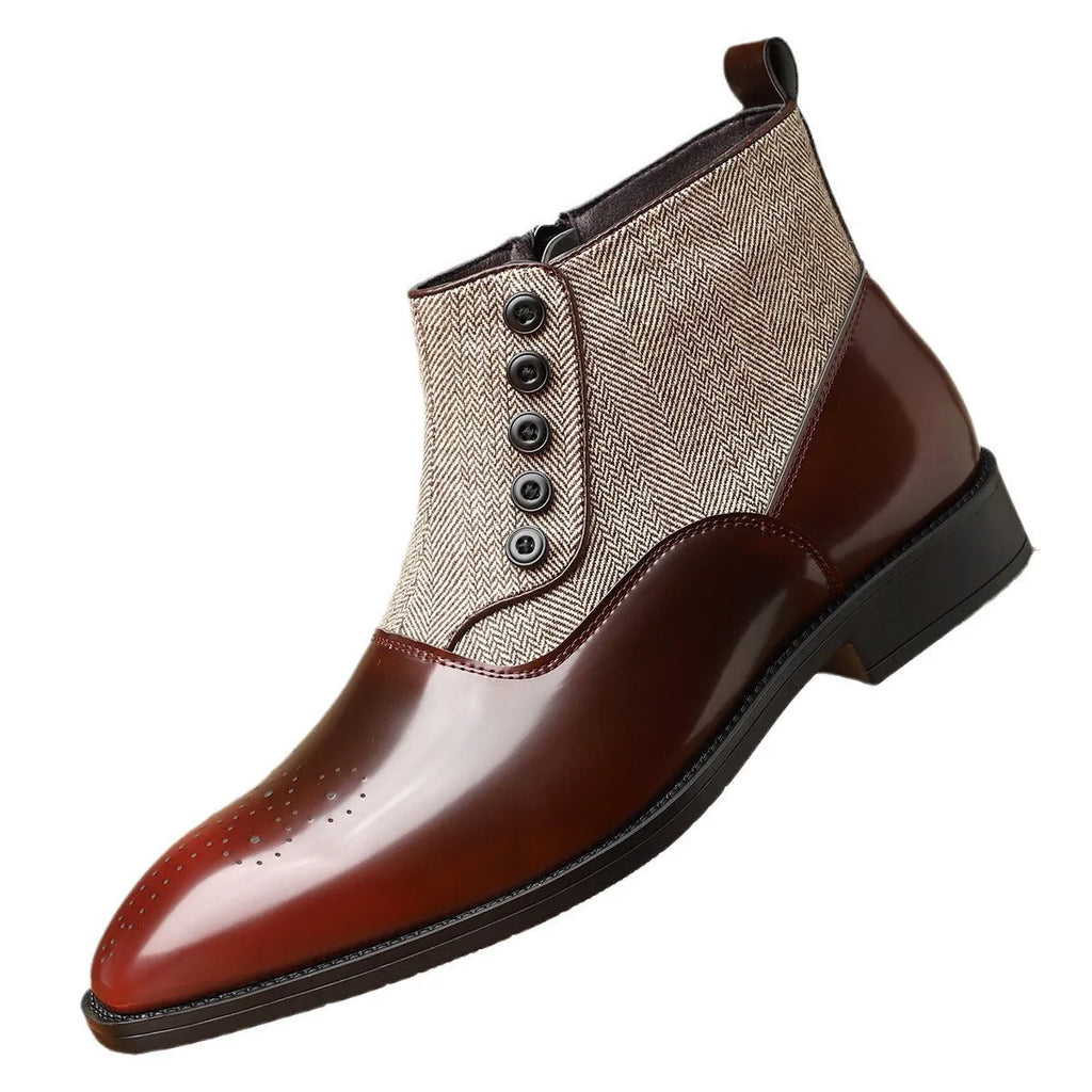 Men's brown retro formal shoes with side zipper and square heel design