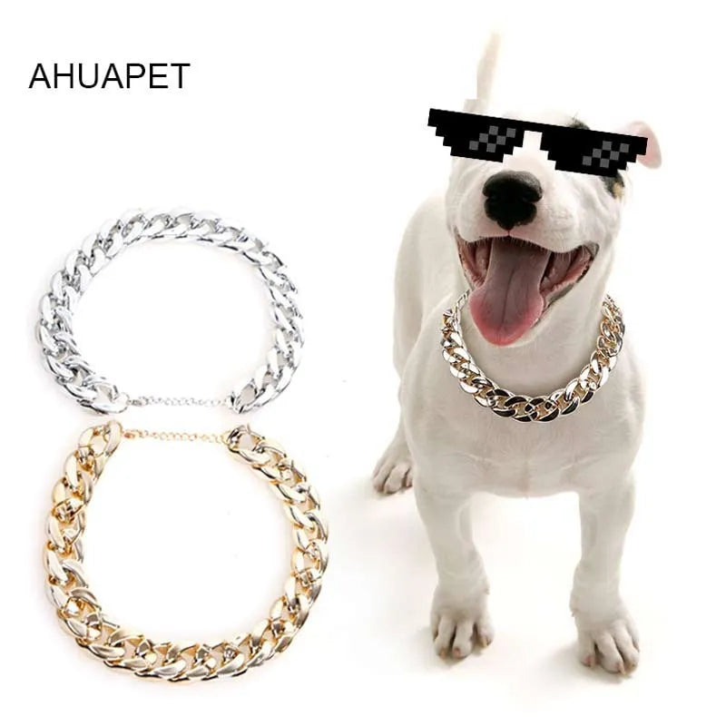Gold colour twisted chain dog collar with buckle fastener on a white background.
