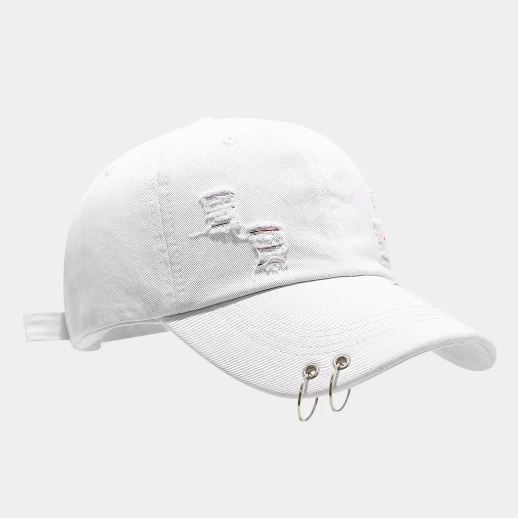 Men's denim peaked cap with dome crown in black, white, and light blue jeans colours showing adjustable strap