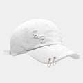 Men's denim peaked cap with dome crown in black, white, and light blue jeans colours showing adjustable strap