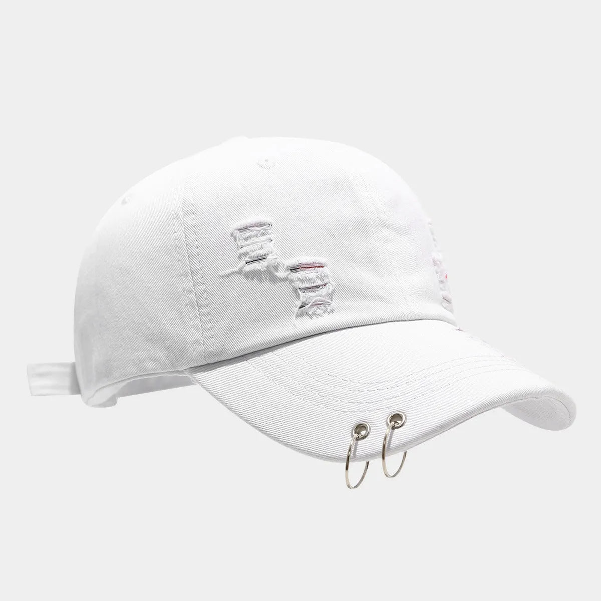 Men's denim peaked cap with dome crown in black, white, and light blue jeans colours showing adjustable strap