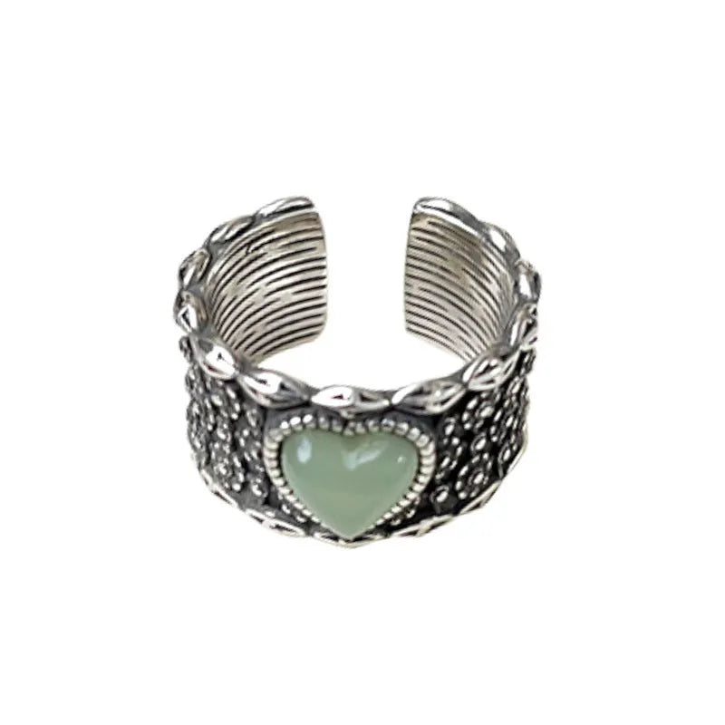 Adjustable opening heart-shaped white moonlight ring in white copper plated silver
