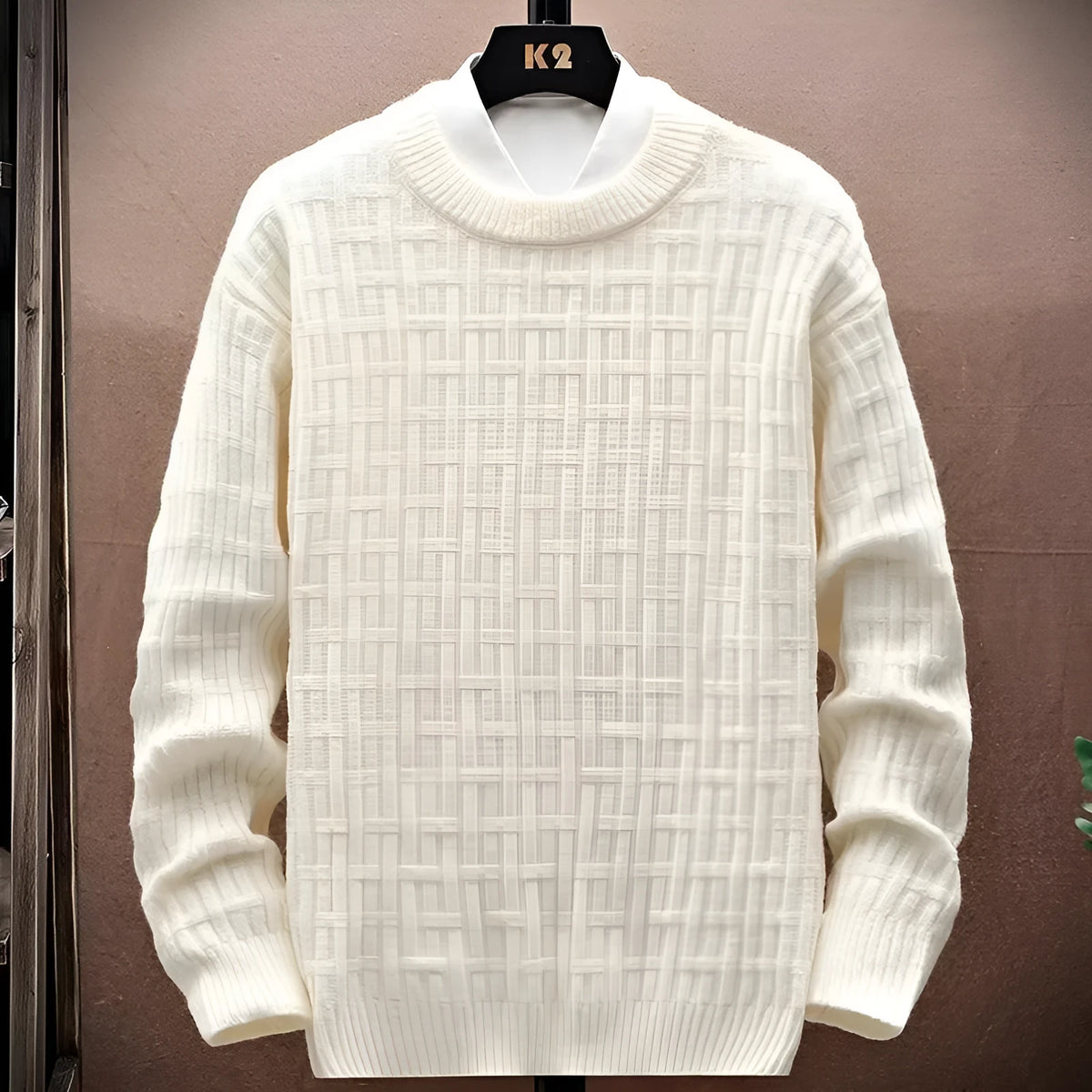 Men's loose crew neck knit sweater in black, white, or brown, polyester pullover, sizes S to XXL