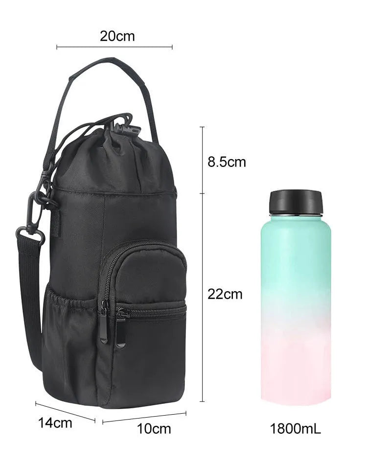 Cloth water bottle crossbody shoulder bag in black, green or pink colours with adjustable strap