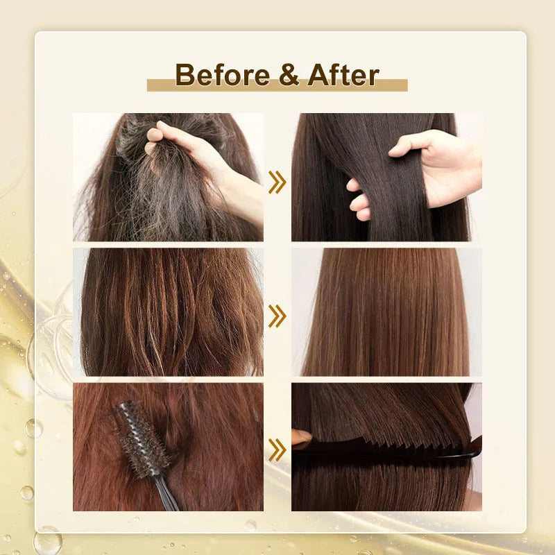 Yellow 50ml hair essential oil bottle for repairing split ends and frizz after dye or perm.