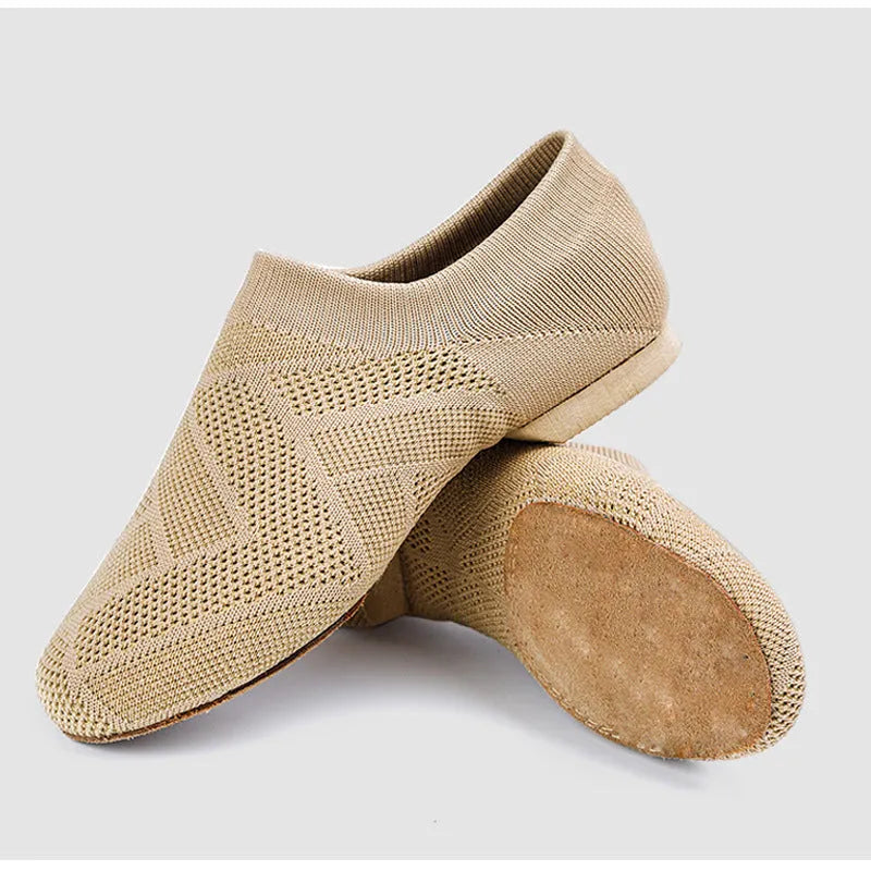 Camel colour Latin dance shoes with cotton mesh upper and leather sole