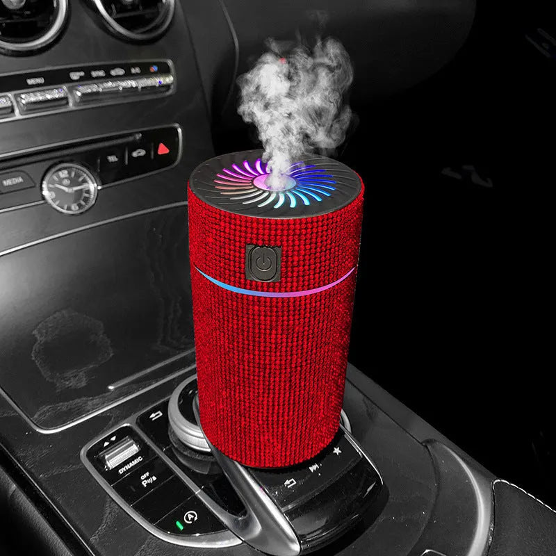 Compact car-mounted air purification humidifier unit on vehicle dashboard with USB power cord