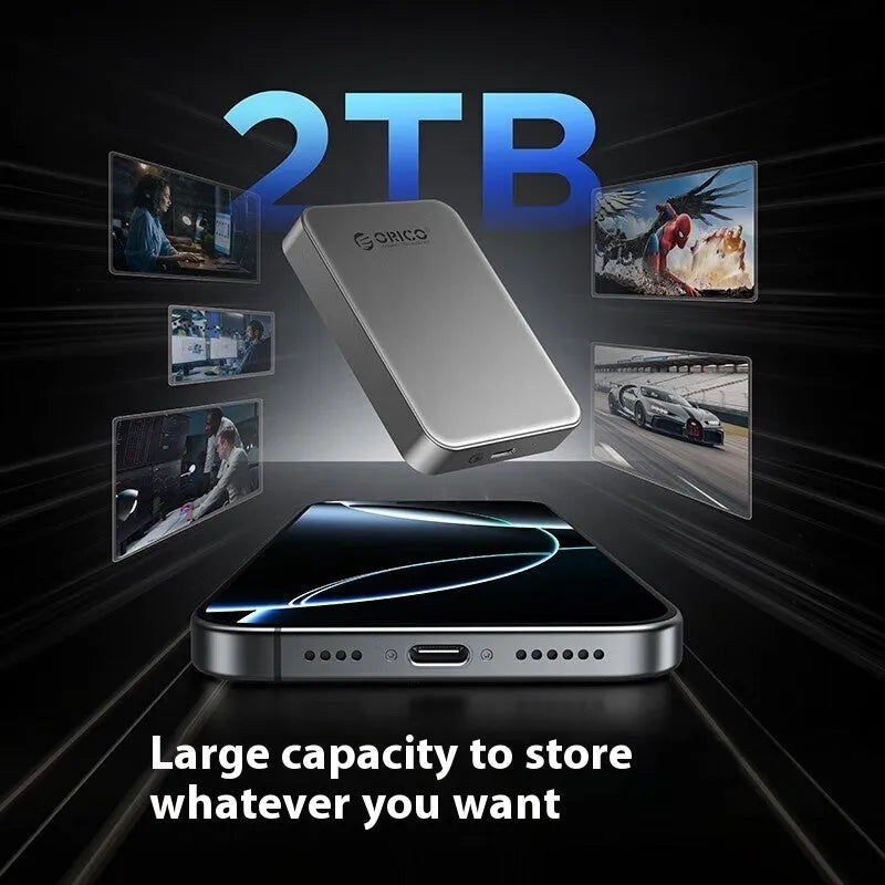 Grey ultra-thin magnetic mobile solid state drive for phones and computers with C to C cable.