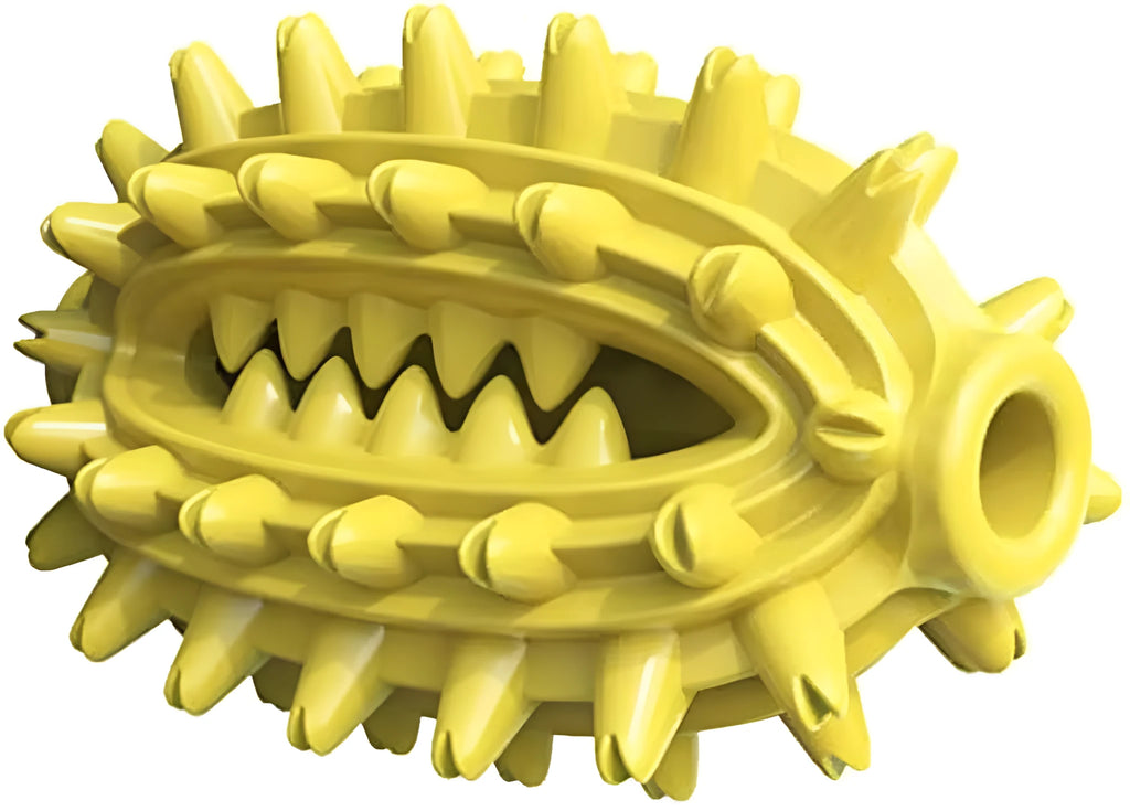 Green cactus-shaped dog chew toy with bumps and a central channel for dental care