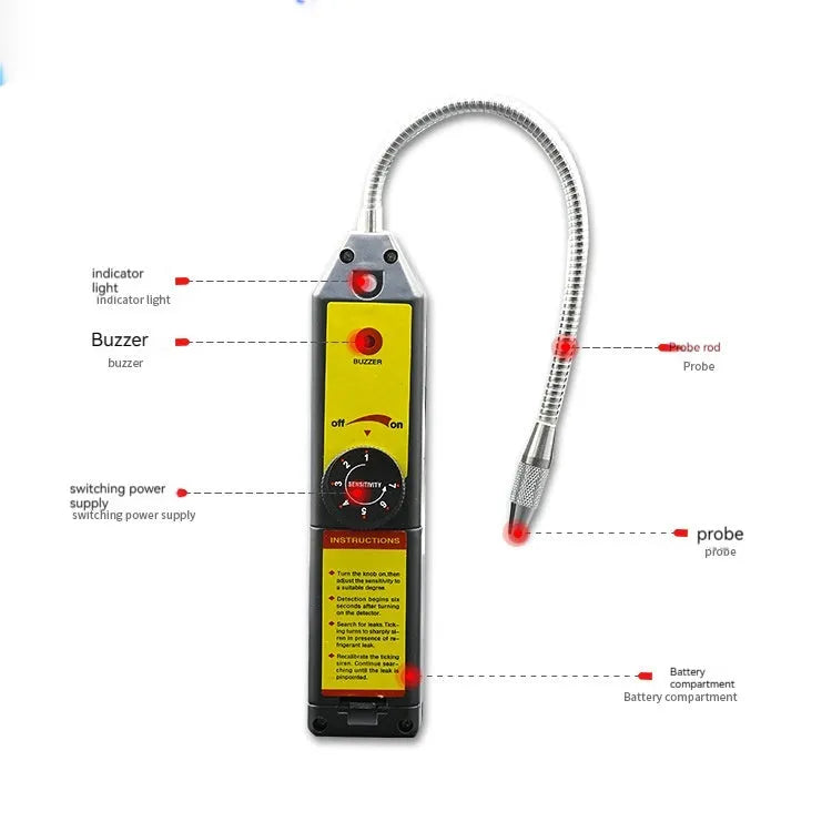WJL-6000 handheld electronic halogen leak detector with a long black probe on a workshop bench.