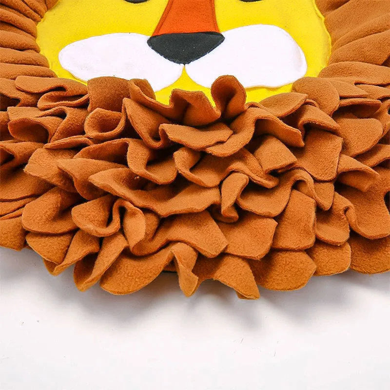 Brown lion design pet sniffing pad with textured fleece surface for hiding food