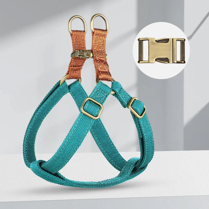 Brown vest-style dog leash on small dog showing chest strap and alloy fastener