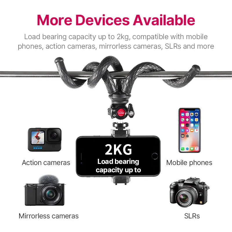 Black octopus leg mobile phone tripod gimbal set with phone clip attached, FT-01 model.
