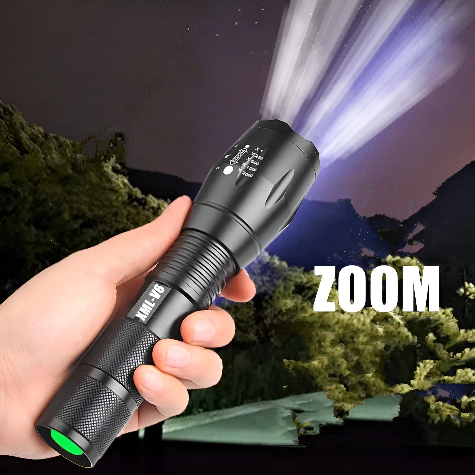 Black aluminium alloy zoomable LED flashlight with adjustable focus ring and textured grip.