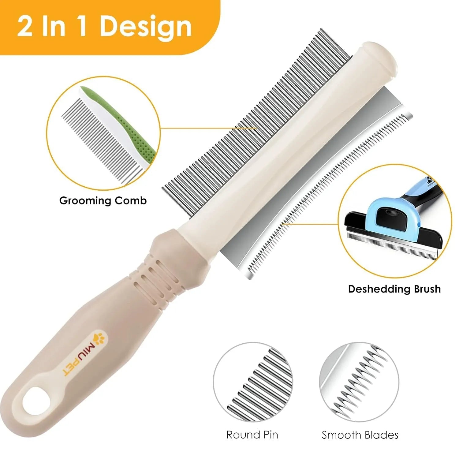White 2 in 1 dog and cat deshedding brush with double-sided head and ergonomic handle.