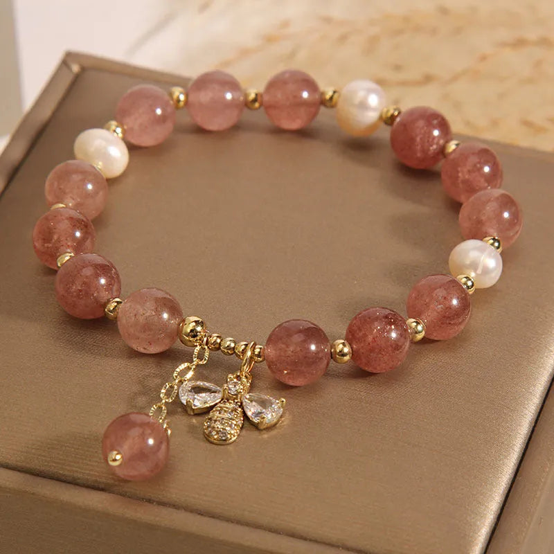 Women's strawberry quartz and freshwater pearl bracelet with zircon accents and alloy clasp
