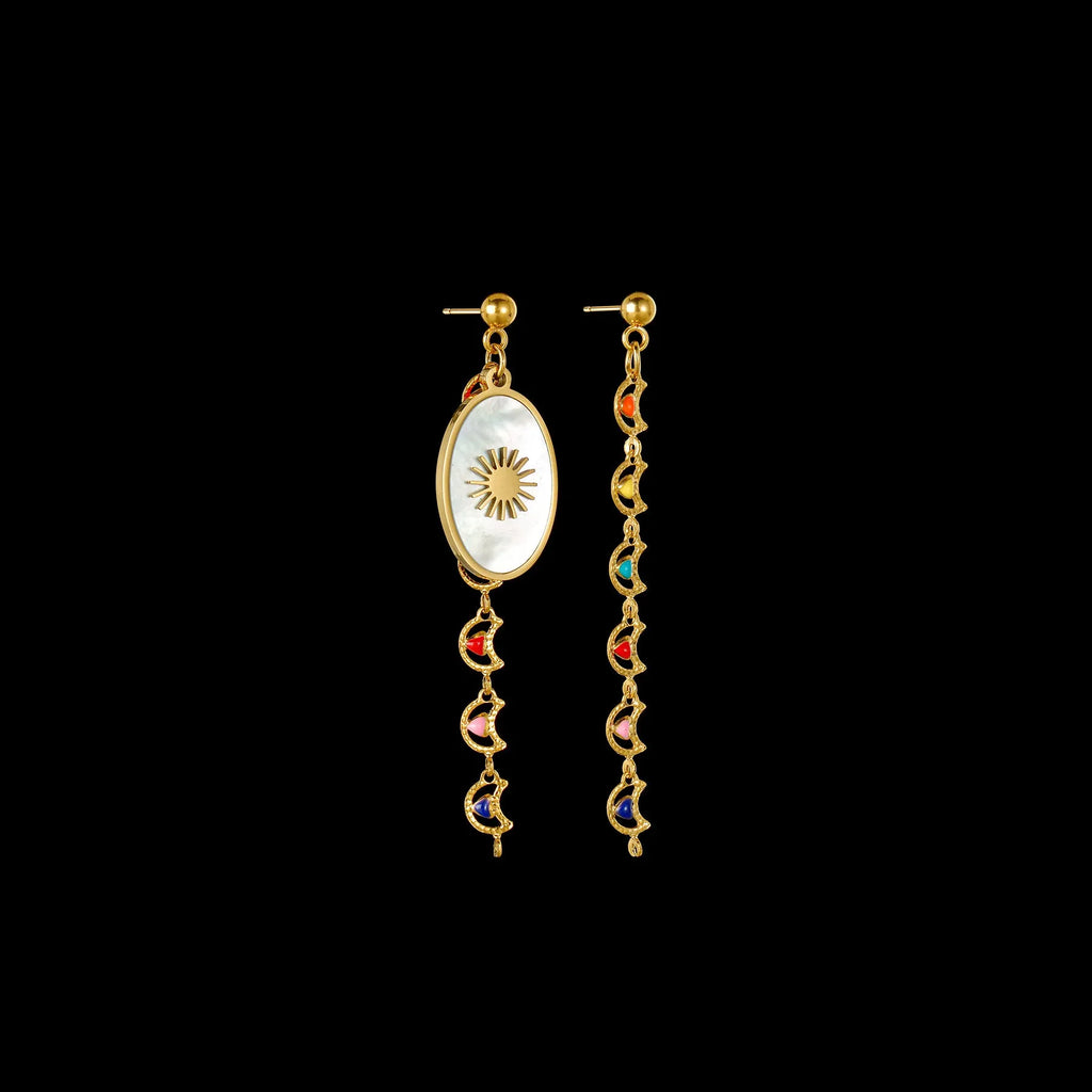 Stainless steel geometric drop earrings showing three designs: eight awn star, eye shape, and shell sun pattern