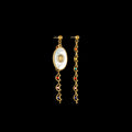 Stainless steel geometric drop earrings showing three designs: eight awn star, eye shape, and shell sun pattern