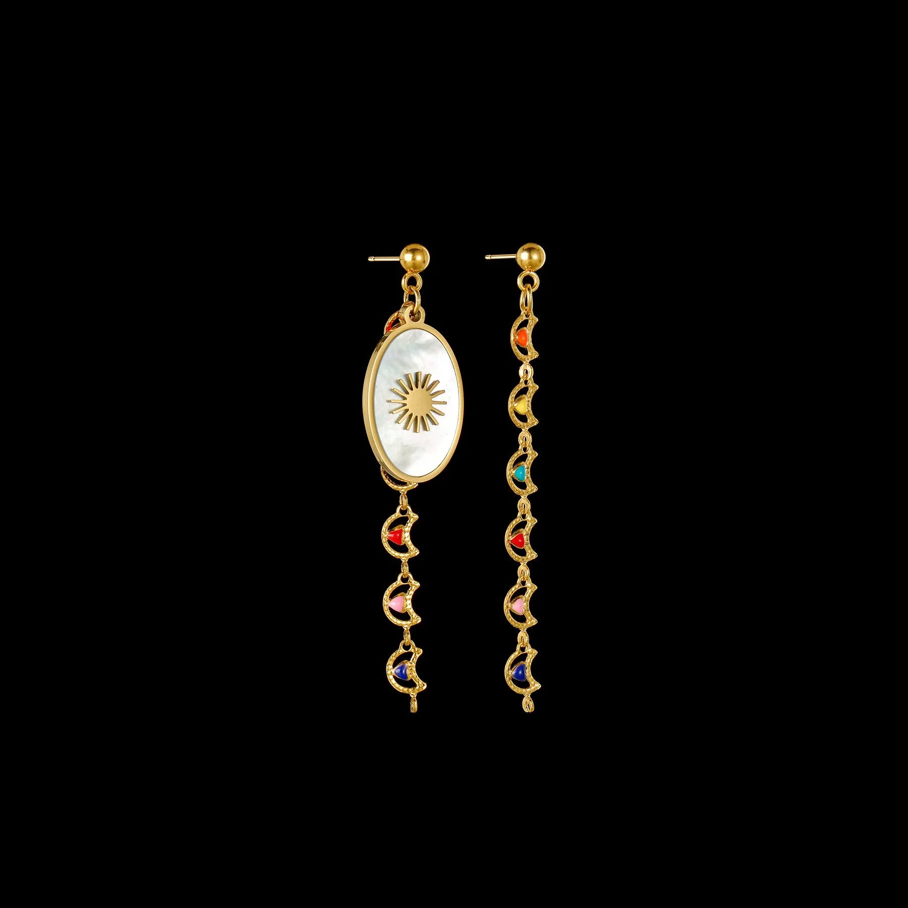 Stainless steel geometric drop earrings showing three designs: eight awn star, eye shape, and shell sun pattern