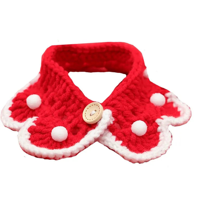 Handmade cartoon-pattern knitted collar for pet cat, dog, or rabbit made from soft milk cotton yarn.