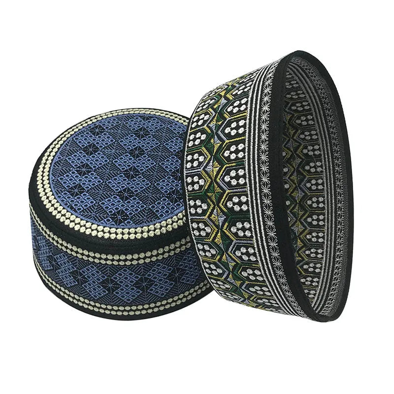 Flat top cotton Muslim hat for men in yellow green with embroidered detailing