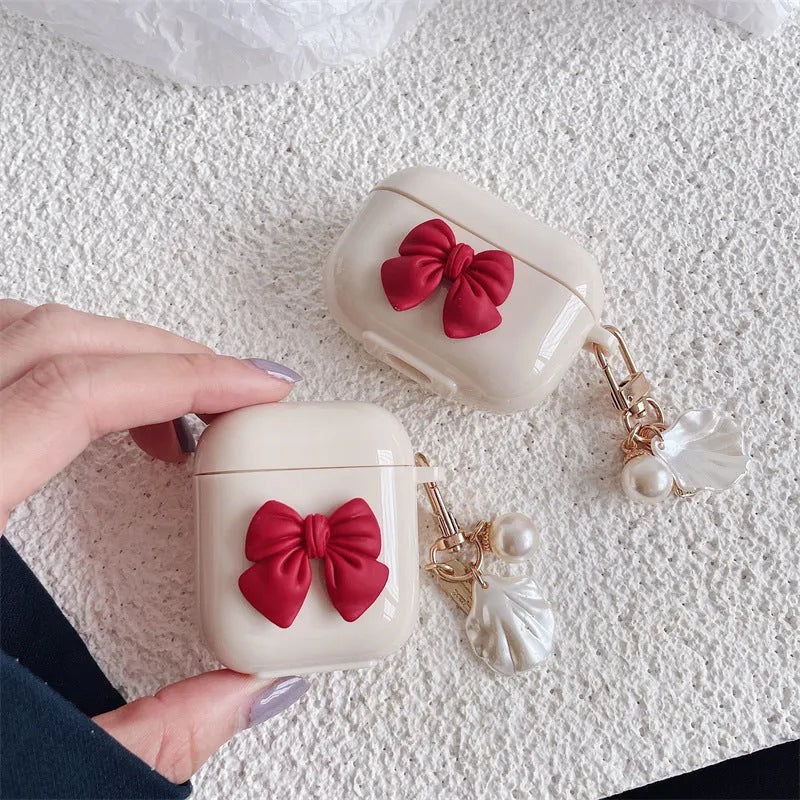 Beige red bow shell silicone protective case for AirPods Pro wireless earphones