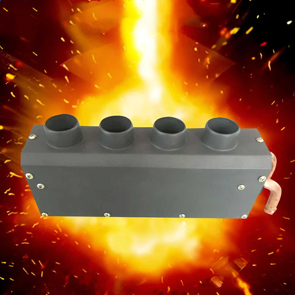 Metal car heater unit with long small four-hole copper pipe connections for 12V 24V vehicles.