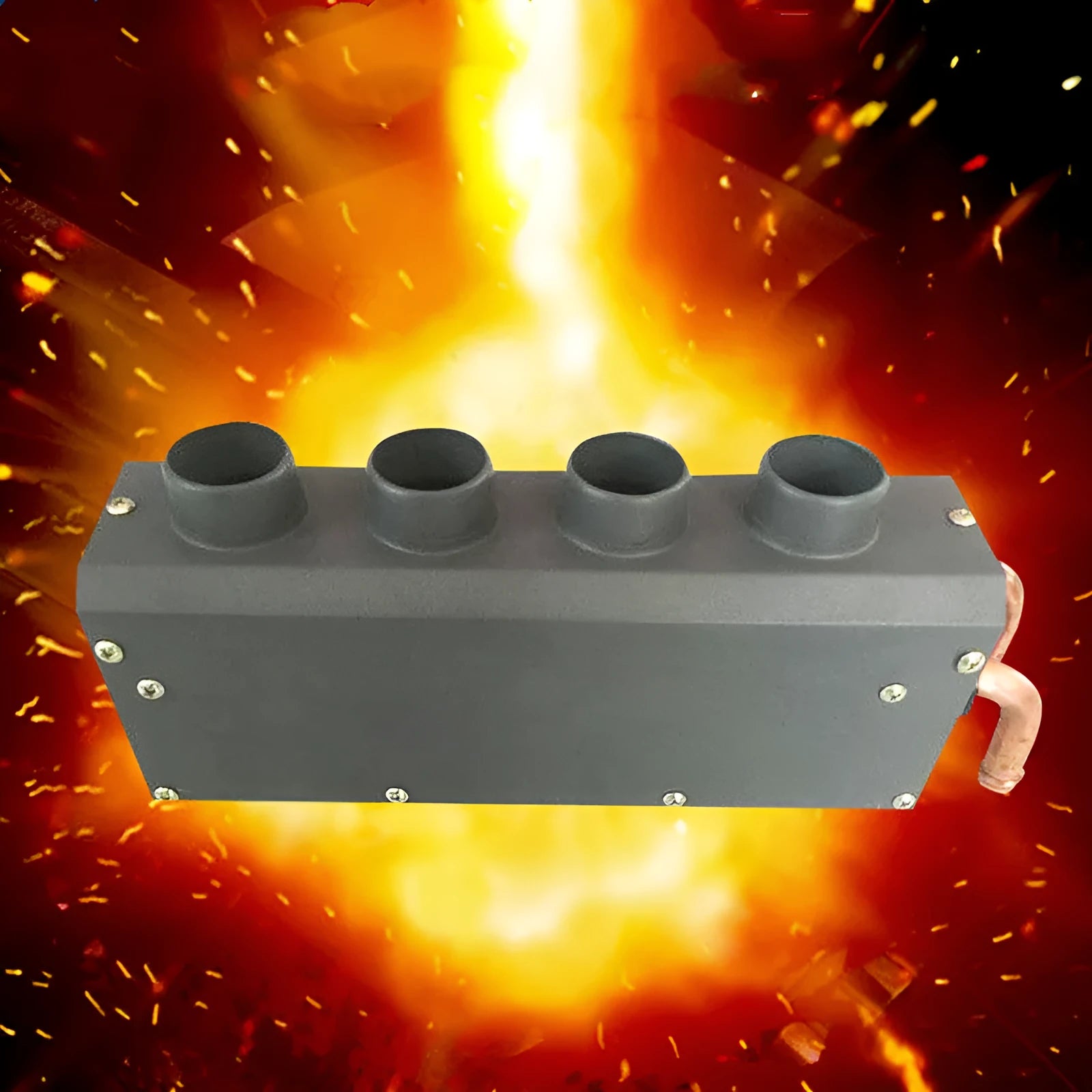 Metal car heater unit with long small four-hole copper pipe connections for 12V 24V vehicles.