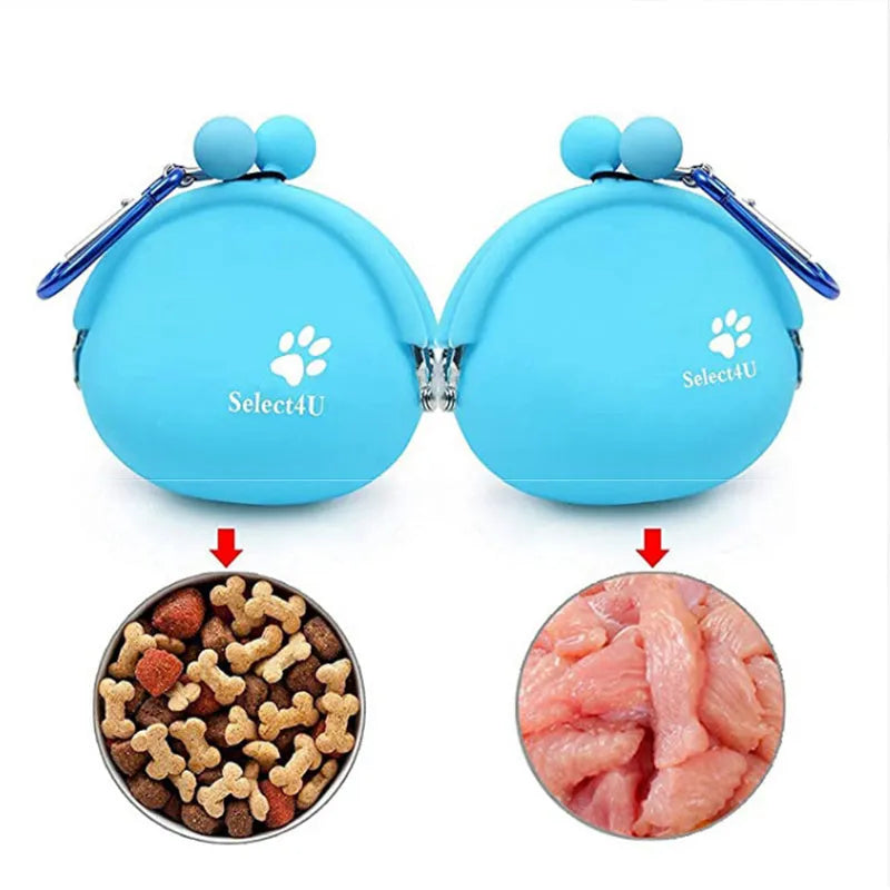 Yellow silicone dog treat storage bag with hook and loop closure measuring 9cm