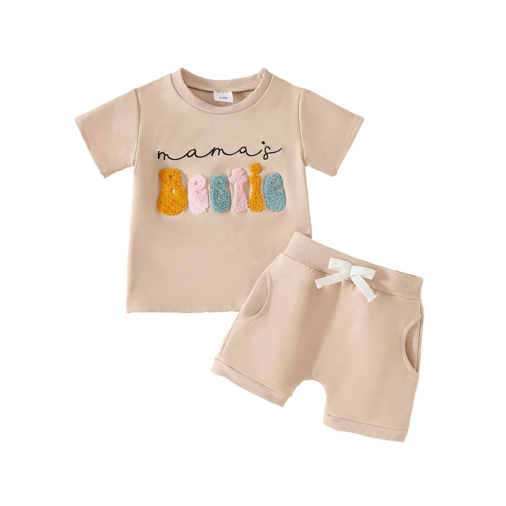 Cotton baby shirt and pants set with embroidered letter top, round neck, short sleeves and pocket