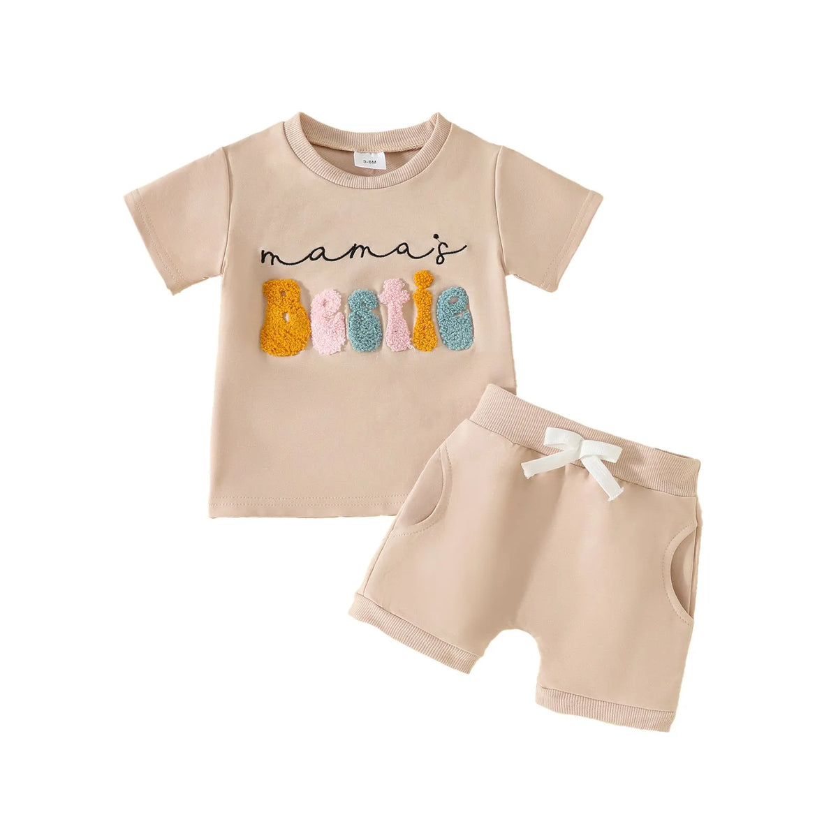 Cotton baby shirt and pants set with embroidered letter top, round neck, short sleeves and pocket