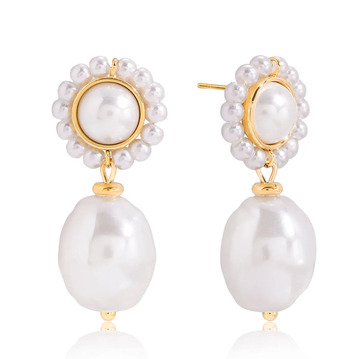Women's stainless steel pearl ear studs with geometric ellipse shape and electroplated silver-tone finish