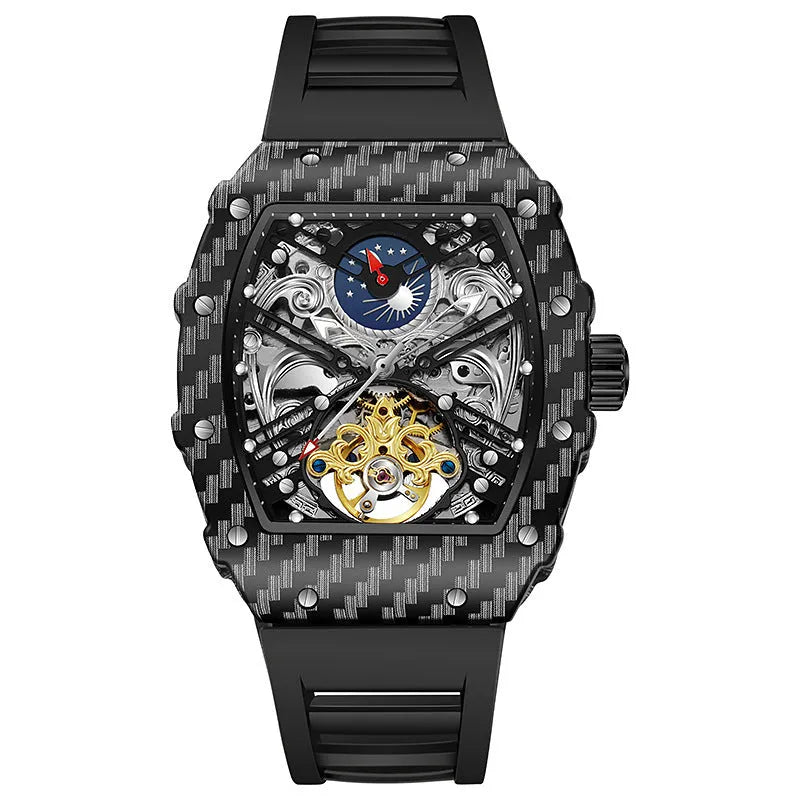 Men's mechanical waterproof watch with luminous dial and rubber strap showing 30 metre water resistance