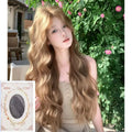 Linen brown synthetic wig with medium length curly style and included hair net