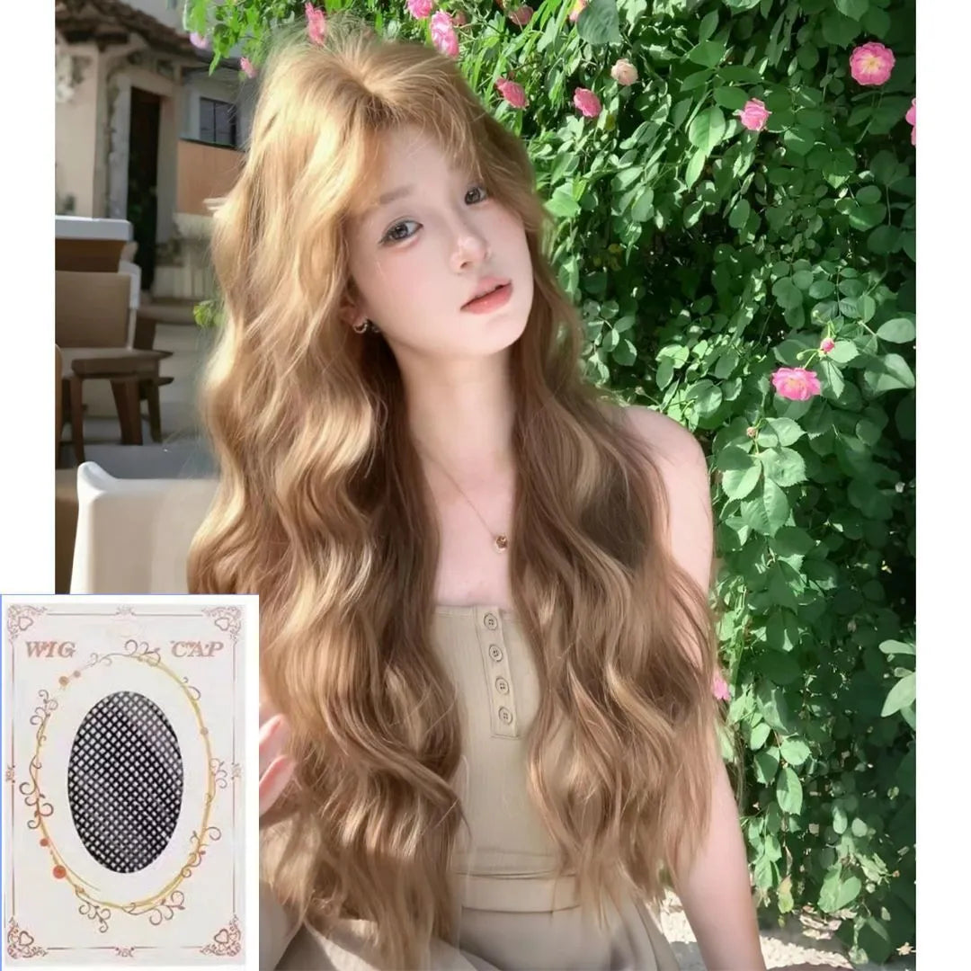 Linen brown synthetic wig with medium length curly style and included hair net