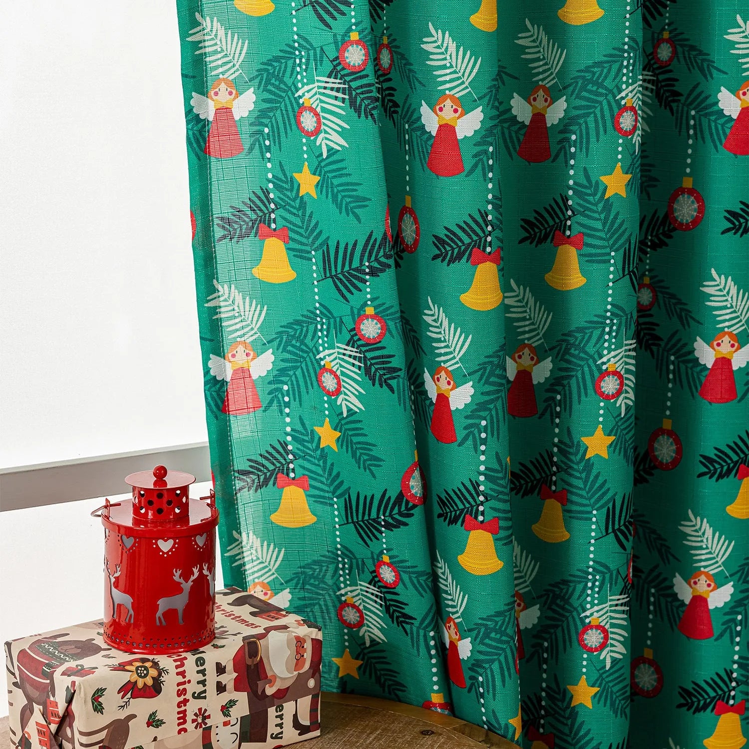Christmas curtain with snowman and angel cartoon print in green colour, 1 metre width