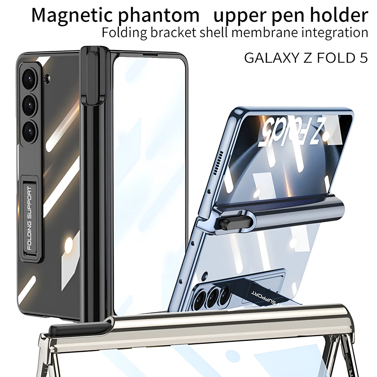 Electroplating transparent phantom magnetic hinge pen holder phone case for Samsung Z Fold 5 in Holiday Blue, PC hard shell with bracket and shockproof protection.