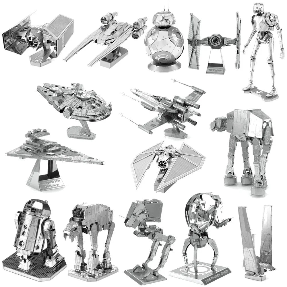DIY 3D metal puzzle kit showing the Electric Toy Motorcycle model assembled on a table