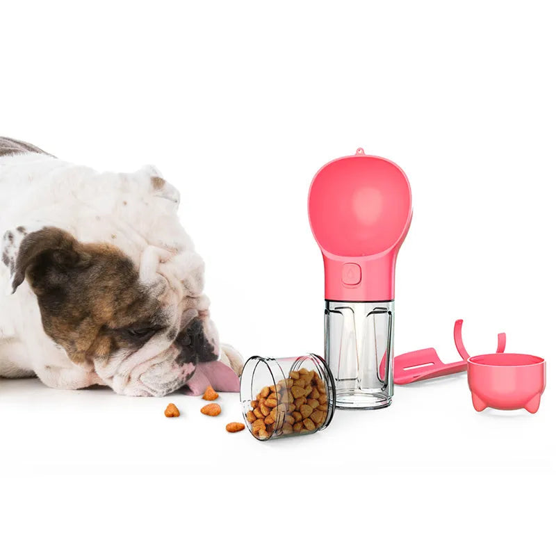 300ml multi-functional pet water bottle in yellow with side poop shovel and bottom garbage bag compartment