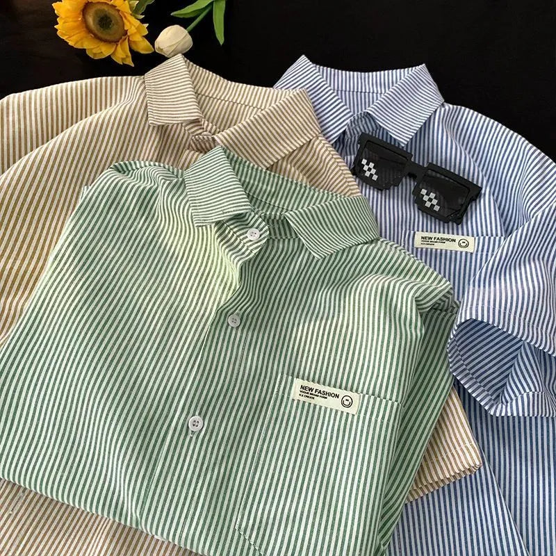 Blue and green striped loose plus size casual half sleeve shirt