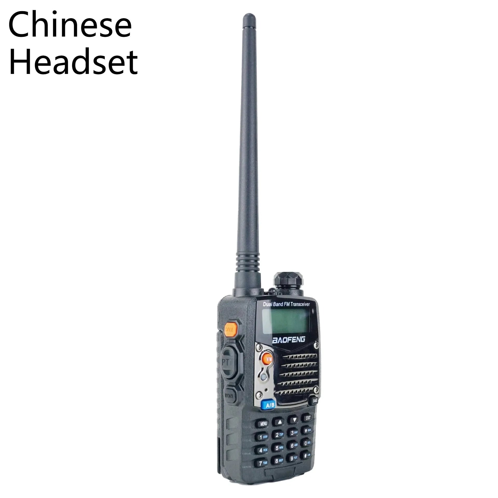 Baofeng UV-5RA black dual-band two-way radio with LCD dual display, shown with optional headset.