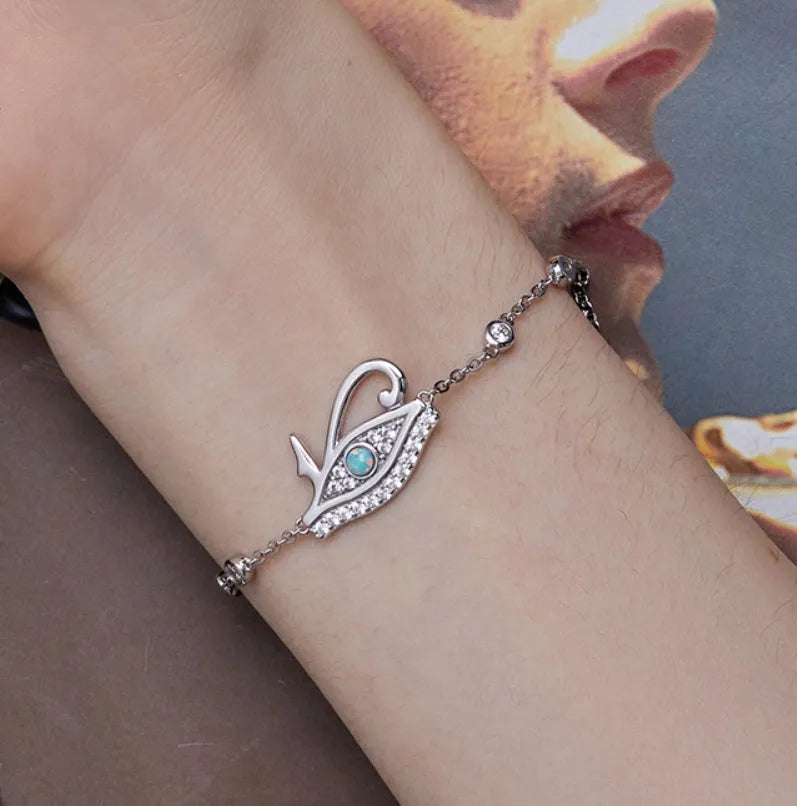 Silver Horus eye bracelet with opal detail, electroplated 925 silver women's bracelet
