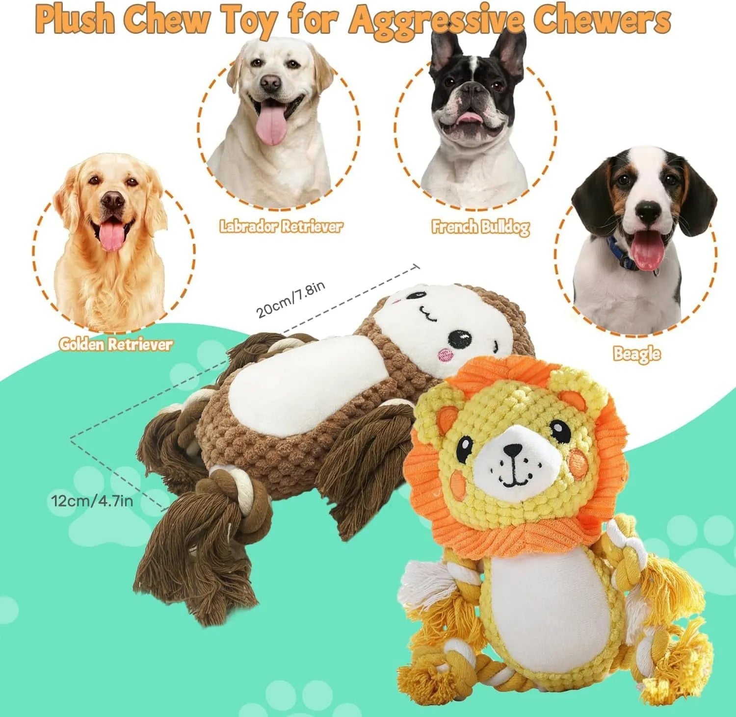 Lion and monkey stuffed squeaky dog toys with soft plush material and internal squeakers for medium to large breed dogs
