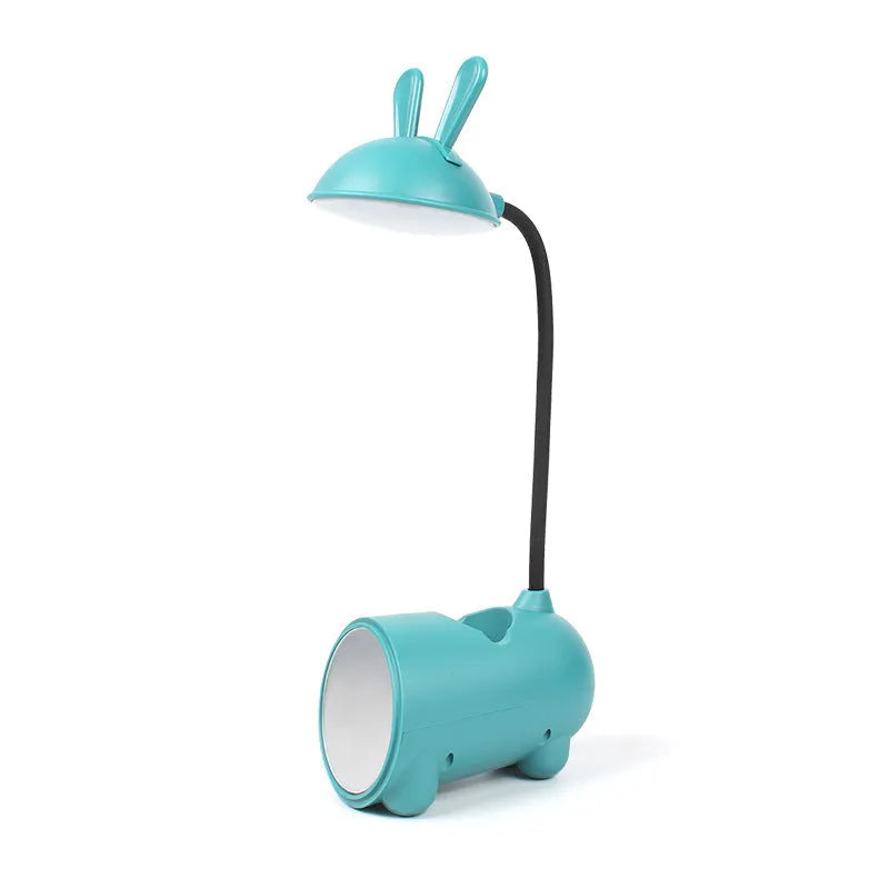 Cartoon-style USB-powered table lamp with pen container in green, blue, or pink colour